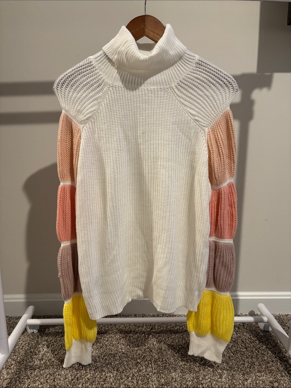 Cream Turtleneck Sweater with Colorblock Puff Sleeves